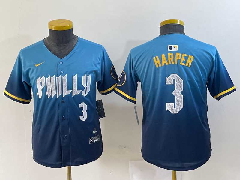 Youth Philadelphia Phillies #3 Bryce Harper Number Blue 2024 City Connect Limited Stitched Jerseys->mlb youth jerseys->MLB Jersey